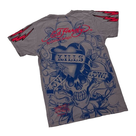 Vintage Ed Hardy Christian Audiger All Over Print Rhinestone Skull T-Shirt - Picture 2 of 4